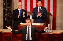 French President Emmanuel Macron arrives to address a joint meeting of Congress in the House chamber of the U.S. Capitol in Washington, U.S., April 25, 2018. PHOTO BY REUTERS/Brian Snyder
