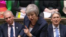 A still image from a video footage shows Britain's Prime Minister Theresa May speaking during Prime Minister's Questions in the House of Commons, in central London, Britain, November 14, 2018. PHOTO BY REUTERS/Parbul TV