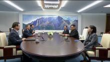 South Korean President Moon Jae-in and North Korean leader Kim Jong Un attend the inter-Korean summit at the truce village of Panmunjom, in this still frame taken from video, South Korea, April 27, 2018. PHOTO BY REUTERS/Host Broadcaster