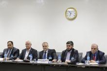 Members of the Syrian opposition delegation of the High Negotiations Committee (HNC) George Sabra (2nd L) delegation head Asaad Al-Zoubi (C) and Chief negotiator, Army of Islam rebel group's Mohammed Alloush (2nd R) attend a meeting with U.N. mediator on Syria Staffan de Mistura during Syria peace talks at the United Nations in Geneva, Switzerland, April 15, 2016. PHOTO BY REUTERS/Fabrice Coffrini