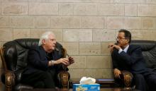 UN envoy to Yemen Martin Griffiths (L) talks with the undersecretary of Houthi-led government's foreign ministry, Faisal Abu-Rass upon his departure of Sanaa, Yemen, June 19, 2018. PHOTO BY REUTERS/Khaled Abdullah