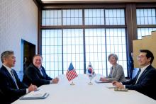 U.S. Secretary of State Mike Pompeo, U.S. Ambassador to the Philippines Sung Kim, South Korea's Foreign Minister Kang Kyung Wha, and South Korea's Special Representative Lee Dohoon meet in Tokyo, Japan, July 8, 2018. PHOTO BY REUTERS/Andrew Harnik