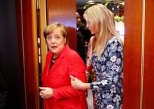 Daughter of U.S. President Ivanka Trump and German Chancellor Angela Merkel arrive at the W20 Summit under the motto "Inspiring women: scaling up women's entrepreneurship" in Berlin, Germany, April 25, 2017. PHOTO BY REUTERS/Hannibal Hanschke