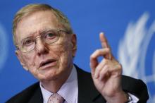 Michael Kirby, Chairperson of the Commission of Inquiry on Human Rights in North Korea, gestures during a news conference at the United Nations in Geneva, March 17, 2014. PHOTO BY REUTERS/Denis Balibouse