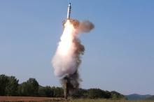 The scene of the intermediate-range ballistic missile Pukguksong-2's launch test. PHOTO BY REUTERS/KCNA