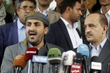 Mohammed Abdul-Salam (L), head of the Houthi delegation to scheduled peace talks in Kuwait, speaks at a news conference at Sanaa Airport, Yemen, April 20, 2016. PHOTO BY REUTERS/Mohamed al-Sayaghi