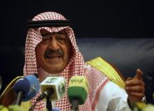 Saudi Arabia's Prince Muqrin bin Abdul-Aziz, brother of Saudi's King Abdullah, gestures during a news conference in Riyadh