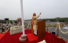 Indian Prime Minister Narendra Modi addresses the nation from the historic Red Fort during Independence Day celebrations in Delhi, India, August 15, 2015. PHOTO BY REUTERS/Adnan Abidi