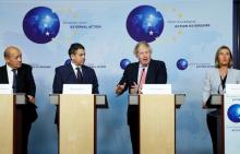Britain's Foreign Secretary Boris Johnson attends a news conference with French Foreign Minister Jean-Yves Le Drian, German counterpart Sigmar Gabriel and European Union's foreign policy chief Federica Mogherini in Brussels, Belgium, January 11, 2018. PHOTO BY REUTERS/Francois Lenoir