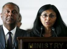 Nisha Biswal (R), U.S. assistant secretary of state for South and Central Asian Affairs, speaks to media next to Sri Lanka's Minister of Foreign Affairs Mangala Samaraweera during their meeting in Colombo, August 25, 2015. PHOTO BY REUTERS/Dinuka Liyanawatte