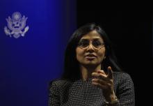 Nisha Desai Biswal, U.S. assistant secretary for South and Central Asian Affairs, gestures during a news conference in Colombo February 1, 2014 file photo