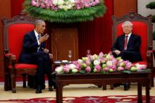 U.S. President Barack Obama (L) attends a bilateral meeting with Vietnam's General Secretary of the Communist Party and National Assembly Chairman Nguyen Phu Trong at Central Office of the Communist Party of Vietnam in Hanoi, Vietnam, May 23, 2016. PHOTO BY REUTERS/Carlos Barria
