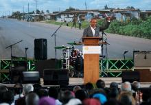 Former U.S. President Barack Obama addresses delegates during the launch of Sauti Kuu resource centre near his ancestral home in Nyangoma Kogelo village in Siaya county, Kenya, July 16, 2018. PHOTO BY REUTERS/Thomas Mukoya