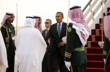 U.S. President Barack Obama is greeted upon his arrival in Riyadh