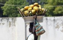 A southern Sudanese woman carries papaws over her head as she makes her way to the Konya Konya market in Juba. PHOTO BY REUTERS/Thomas Mukoya