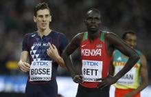Pierre-Ambroise Bosse of France and Kipyegon Bett of Kenya react after the race. PHOTO BY REUTERS/Phil Noble