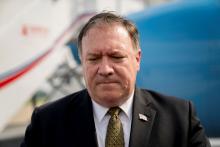 U.S. Secretary of State Mike Pompeo pauses while speaking to members of the media following two days of meetings with Kim Yong Chol, a North Korean senior ruling party official and former intelligence chief, before boarding his plane at Sunan International Airport in Pyongyang, North Korea, July 7, 2018. PHOTO BY REUTERS/Andrew Harnik