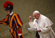 Pope Francis delivers his speech during a special audience with members of the confederation of Italian cooperatives in Paul VI hall at the Vatican, February 28, 2015. PHOTO BY REUTERS/Tony Gentile