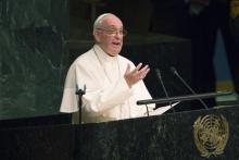 Pope Francis addresses a plenary meeting of the United Nations Sustainable Development Summit 2015 at United Nations headquarters in Manhattan, New York, September 25, 2015. PHOTO BY REUTERS/Adrees Latif