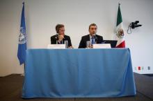 David Kaye, UN Special Rapporteur for Freedom of Expression of the Inter-American Commission on Human Rights, and Edison Lanza, UN Special Rapporteur on the promotion and protection of the right to freedom of opinion and expression, speak during a news conference in in Mexico City, Mexico, December 4, 2017. PHOTO BY REUTERS/Carlos Jasso