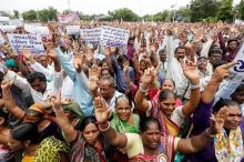 People shout slogans as they attend a protest rally against what they say are attacks on India's low-caste Dalit community in Ahmedabad, India, July 31, 2016. PHOTO BY REUTERS/Amit Dave
