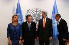 (L to R) High Representative of the European Union for Foreign Affairs and Security Policy Federica Mogherini, United Nations Secretary-General Ban Ki-moon, U.S. Secretary of State John Kerry and Russian Foreign Minister Sergey Lavrov at the 71st Session of the United Nations General Assembly in Manhattan, New York, U.S., September 23, 2016. PHOTO BY REUTERS/Andrew Kelly