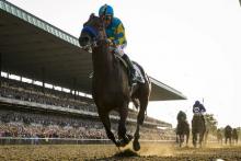 Jockey Victor Espinoza, aboard American Pharoah, rides after winning the 147th running of the Belmont Stakes as well as the Triple Crown, in Elmont, New York June 6, 2015. PHOTO BY REUTERS/Lucas Jackson