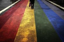 A pedestrian walks across a rainbow pedestrian crossing painted on Sydney's Oxford street, the city's main gay district, April 4, 2013. PHOTO BY REUTERS/David Gray