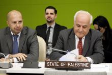 Ambassador Riyad Mansour (R), the chief Palestinian U.N. observer, fills out a ballot for the election of a judge for the International Tribunal for the Former Yugoslavia at the United Nation's headquarters in New York