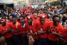 Ugandan musician turned politician, Robert Kyagulanyi (C) leads activists during a demonstration against new taxes including a levy on access to social media platforms in Kampala, Uganda, July 11, 2018. PHOTO BY REUTERS/Newton Nambwaya