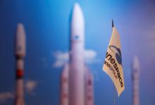 A flag with a company logo is seen during satellite launch company Arianespace annual news conference in Paris, France, January 9, 2018. PHOTO BY REUTERS/Christian Hartmann