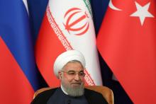 Iranian President Hassan Rouhani attends a news conference with President Tayyip Erdogan of Turkey and Vladimir Putin of Russia following their meeting in Tehran, Iran, September 7, 2018. PHOTO BY REUTERS/Kirill Kudryavtsev