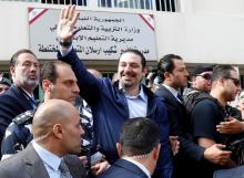 Lebanon's former Prime Minister Saad al-Hariri greets his supporters after casting his ballot at a polling station during Beirut's municipal elections, Lebanon, May 8, 2016. PHOTO BY REUTERS/Mohamed Azakir
