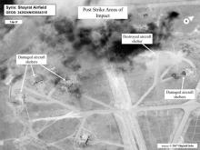 Battle damage assessment image of Shayrat Airfield, Syria, is seen in this DigitalGlobe satellite image, released by the Pentagon following U.S. Tomahawk Land Attack Missile strikes from Arleigh Burke-class guided-missile destroyers, the USS Ross and USS Porter, April 7, 2017. PHOTO BY REUTERS/Courtesy U.S. Department of Defense