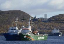 Greenpeace ship "Arctic Sunrise" is seen anchored outside the Arctic port city of Murmansk, September 24, 2013. PHOTO BY REUTERS/Stringer