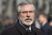 Sinn Fein president Gerry Adams arrives at the funeral of veteran British Labour politician Tony Benn at St Margaret's Church, Westminster Abbey in London