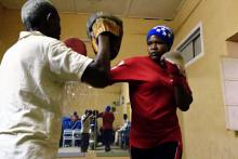 Sahar Mohamed Al Dooma, 26, practises boxing at Al Rabie club in Omdurman, May 10,2016. PHOTO BY REUTERS/Mohamed Nureldin abdallah