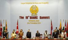 (Front L-R) Afghanistan's President Ashraf Ghani, Bangladesh's Prime Minister Sheikh Hasina, Bhutan's Prime Minister Tshering Tobgay, India's Prime Minister Narendra Modi, Maldives' President Abdulla Yameen, Nepal's Prime Minister Sushil Koirala, Pakistan's Prime Minister Nawaz Sharif and Sri Lanka's President Mahinda Rajapaksa attend the opening session of 18th South Asian Association for Regional Cooperation (SAARC) summit in Kathmandu, November 26, 2014. PHOTO BY REUTERS/Narendra 