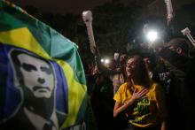 Supporters of Jair Bolsonaro, far-right lawmaker and presidential candidate of the Social Liberal Party (PSL), react after Bolsonaro wins the presidential race, in Sao Paulo, Brazil, October 28, 2018. PHOTO BY REUTERS/Amanda Perobelli
