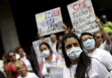 Supporters of jailed Venezuelan opposition leader Leopoldo Lopez wear face masks to represent their hunger strike in solidarity with Lopez as they demand his liberation, outside the National Electoral Council (CNE) offices in Caracas, June 16, 2015. PHOTO BY REUTERS/Jorge Dan Lopez