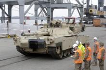 An Abrams main battle tank, for U.S. troops deployed in the Baltics as part of NATO's Operation Atlantic Resolve, leaves Riga port, March 9, 2015. PHOTO BY REUTERS/Ints Kalnins