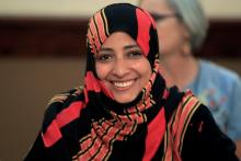 Nobel Peace Prize winner Tawakkol Karman of Yemen smiles during a news conference as part of the Nobel Women's Initiative to gather a first-hand account of the ongoing violence against women land defenders, in Tegucigalpa, Honduras, October 24, 2017. PHOTO BY REUTERS/Jorge Cabrera