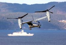 A V-22 Osprey tiltrotor aircraft makes a pass during NATO's Exercise Trident Juncture, seen from Trondheim, Norway, October 30, 2018. PHOTO BY REUTERS/NTB Scanpix/Gorm Kallestad