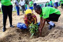 Lilian Haroni, 65, and a staff member of Myaradzo Funeral Assurance company plant a tree in Gweshe village, in Zimbabwe's Mashonaland Central Province, March 30, 2018. PHOTO BY Thomson Reuters Foundation/Jeffrey Moyo