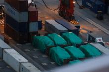 Six of the nine armoured troop carriers belonging to Singapore, from a shipment detained at a container terminal, are seen in Hong Kong, China, November 24, 2016. PHOTO BY REUTERS/Bobby Yip