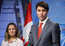 Canada's Prime Minister Justin Trudeau and Canada's Foreign Minister Chrystia Freeland hold a news conference after participating in the NATO Summit in Brussels, Belgium, July 12, 2018. PHOTO BY REUTERS/Reinhard Krause