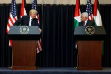 U.S. President Donald Trump (L) and Palestinian President Mahmoud Abbas deliver remarks after their meeting at the Presidential Palace in the West Bank city of Bethlehem, May 23, 2017. PHOTO BY REUTERS/Jonathan Ernst