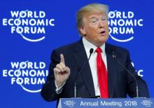 U.S. President Donald Trump gestures as he speaks during the World Economic Forum (WEF) annual meeting in Davos, Switzerland, January 26, 2018. PHOTO BY REUTERS/Denis Balibouse
