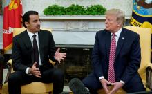 U.S. President Donald Trump meets Qatar's Emir Sheikh Tamim bin Hamad al-Thani in the Oval Office at the White House in Washington, U.S., April 10, 2018. PHOTO BY REUTERS/Kevin Lamarque
