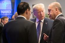 U.S. President Donald Trump and President of Turkey Recep Tayyip Erdogan attend a dinner at the Art and History Museum at the Parc du Cinquantenaire during the NATO Summit in Brussels, Belgium, July 11, 2018. PHOTO BY REUTERS/Benoit Doppagne